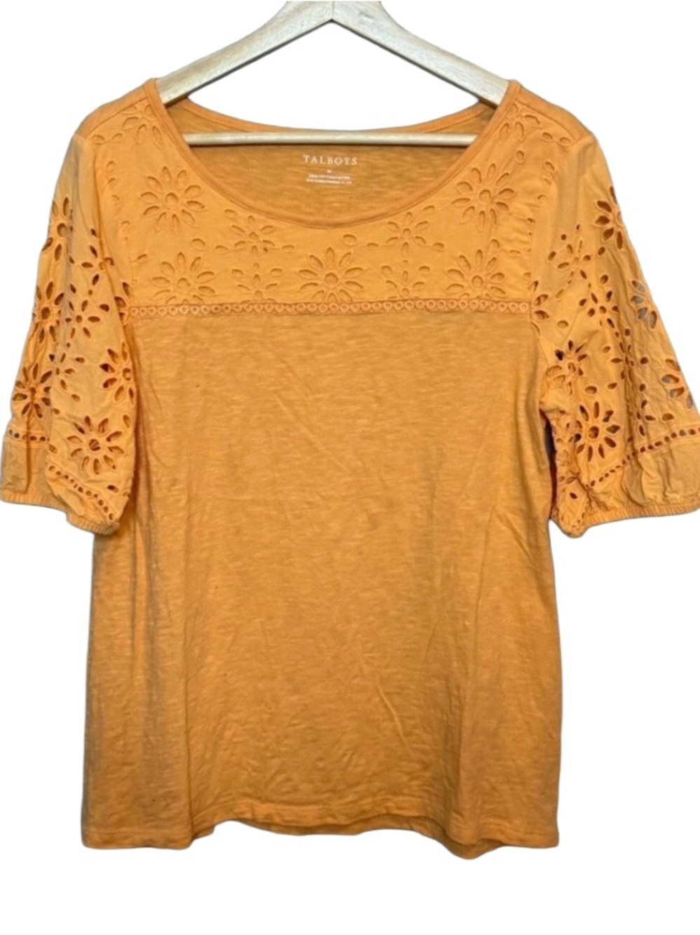 Talbots Peach-Orange Eyelet Puff Sleeve Cotton Top